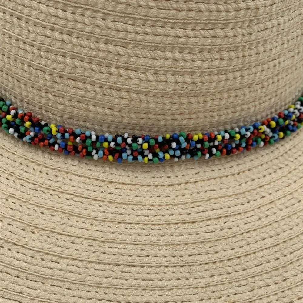 The Accessory Collective Wide Brim Straw Sun Hat Beaded Band Panama Style OS